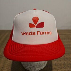 Vintage Velda Farms Trucker Hat Cap Red Snapback Mesh Adjustable Flat Bill